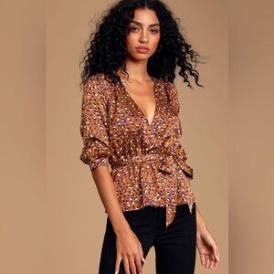 J.O.A. Wild Occasion Brown Multi Leopard Print Satin Top. Size Medium.